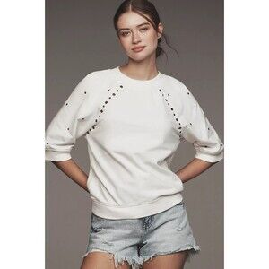 By Anthropologie Short-Sleeve Grommet Sweatshirt Top Pullover Cotton S 289259